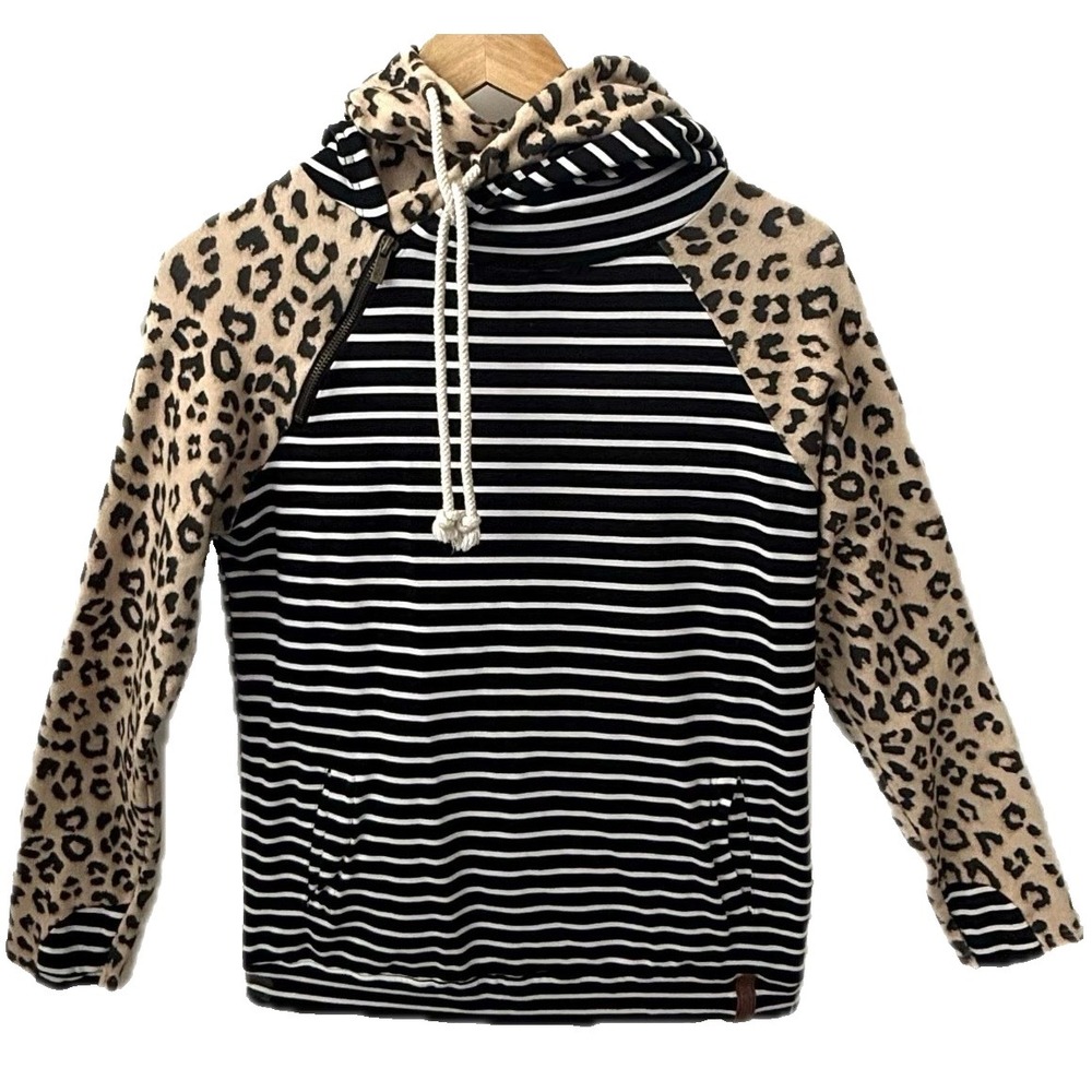 Ampersand Ave DoubleHood Sweatshirt Women L Soft  Leopard Stripe Hoodie Pullover
